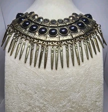 Y2K Boho Statement Necklace | Black Cabochon Antique Brass Fringe Bib Tribal