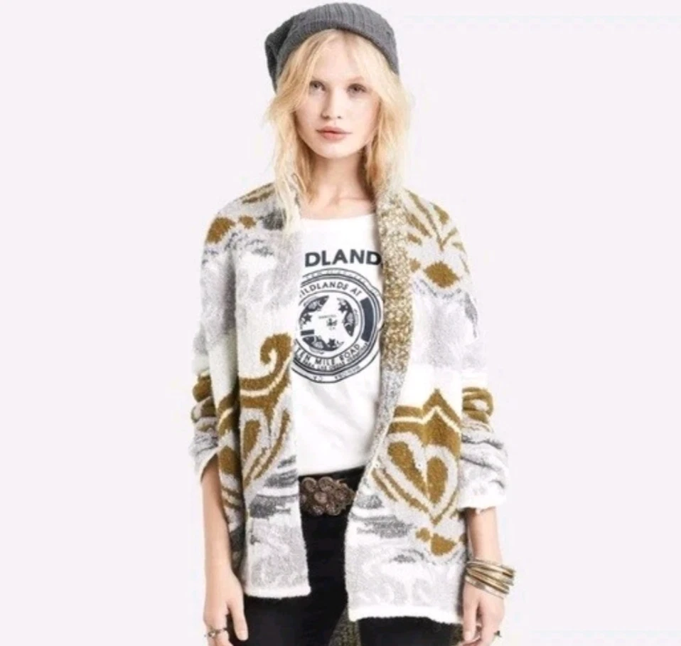 Cárdigan para mujer Free People XS verde crema manga larga suéter boho de gran tamaño Foto 2 de 4