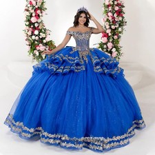 Royal Blue Quinceanera Dresses Off Shoulder Lace Applique Tiered Prom Ball Gowns