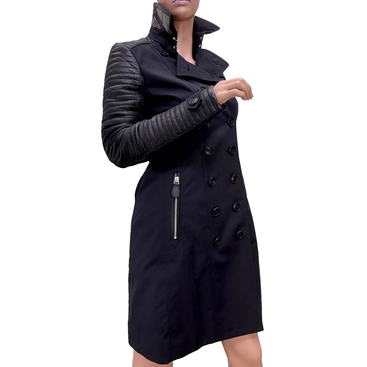 BURBERRY BRIT Women's Trench Coat Black Studded Cotton Leather