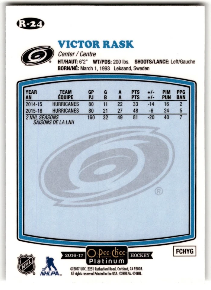 2016-17 O-Pee-Chee Platinum Retro Victor Rask #R-24 Carolina Hurricanes - Image 2 of 2