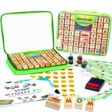 Wooden Large Stamp Premium Set for Kids. 72 Pcs Alphabet Stamps. Letters, Num...