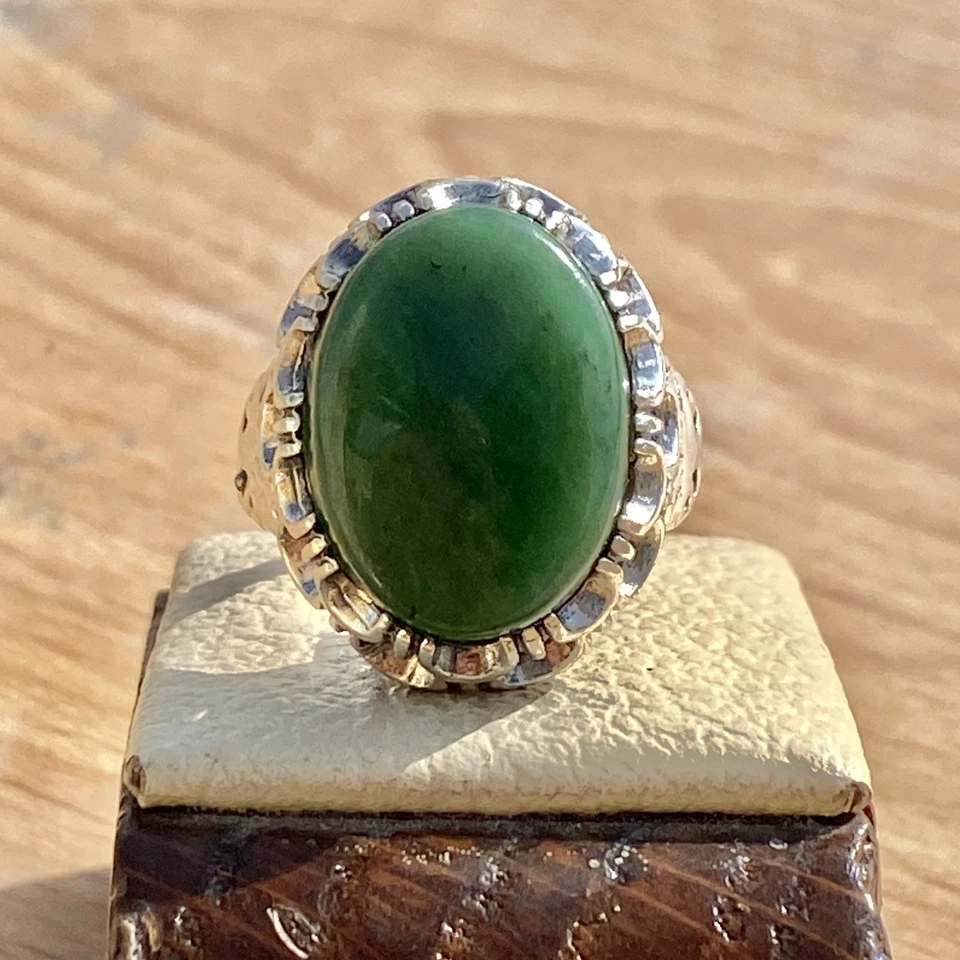 Anillo pesado único de plata de ley 925 para hombre jade verde natural jadeíta Foto 2 de 4