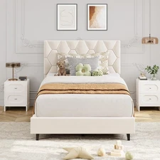 Twin Size Platform Bed Frame w/ Upholstered Headboard Wood Slat Support Beige