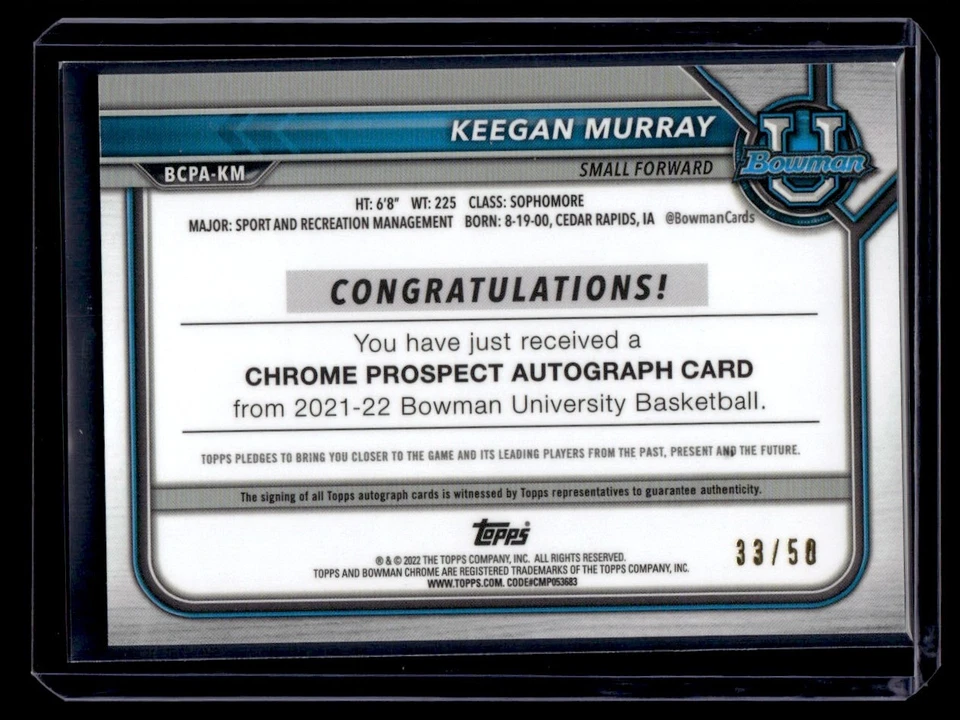 2021-22 Topps Bowman University Gold Keegan Murray RC Auto /50 #BCPA-KM - Image 2 of 2