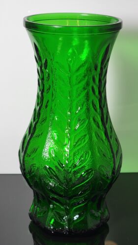 Vintage FTD  1982 Large Emerald Green Glass Vase  Leaf Design Holiday 10" Tall - Afbeelding 1 van 2