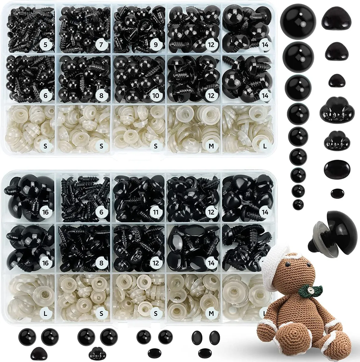 EUCARLOS 800pcs Safety Eyes and Noses for Amigurumi, 2 Boxes Crochet Eyes with Size Chart, Black Plastic Craft Doll Eyes with Washers for Crochet