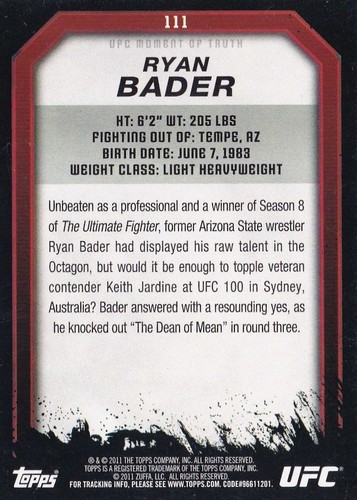 Ryan Bader Signed 2011 Topps UFC Moment of Truth Card #111 Autograph 192 174 144 - Picture 4 of 24
