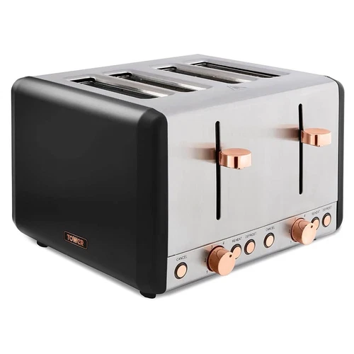 Tower Cavaletto 4-Slice Toaster Black Rose Gold 1800W Defrost Reheat Crumb Tray