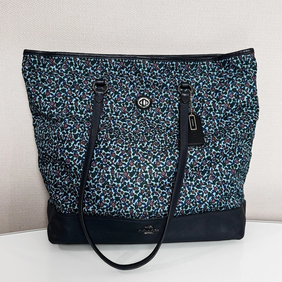 Coach F59435 Navy Floral Print Leather/Nylon Large Tote Shoulder Bag - Image 3 of 4
