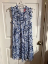 Lily Pulitzer Jazzy Tierd Dress In Blue & White Print Ruffle Neck Sleeve Size S 