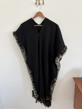 La Fiorentina BLACK SHAWL CAPE WRAP PONCHO with Genuine Rex Rabbit Fur trim OS
