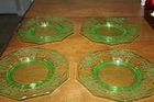 4 Vtg  Green Depression Cambridge Glass Decagon Sided Green Salad Plate Glows