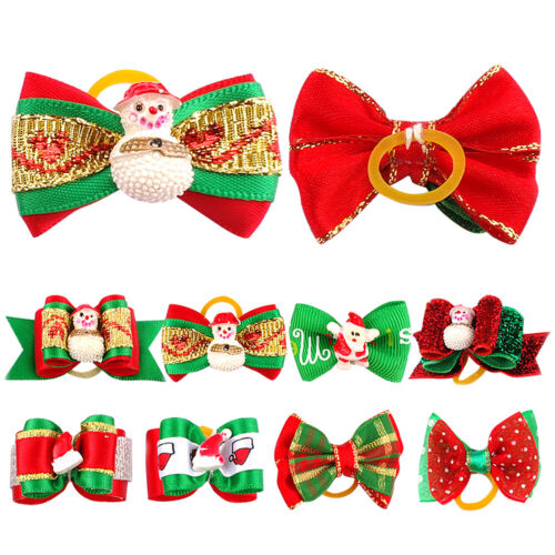 20/500pcs Christmas Dog Hair Bows with Rubber Band Xmas Pet Cat Grooming Topknot - Afbeelding 1 van 13