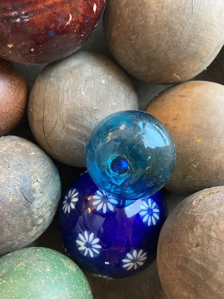 Lot Of 10! Antique Primitive Colorful Ball decoration In A Wooden Bowl - Image 3 of 4