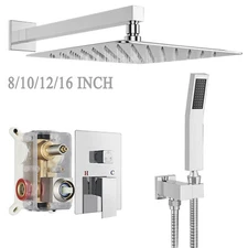 Chrome Shower Faucet Set Wall Rainfall Head Sprayer Combo Kit with Mixer Valve
