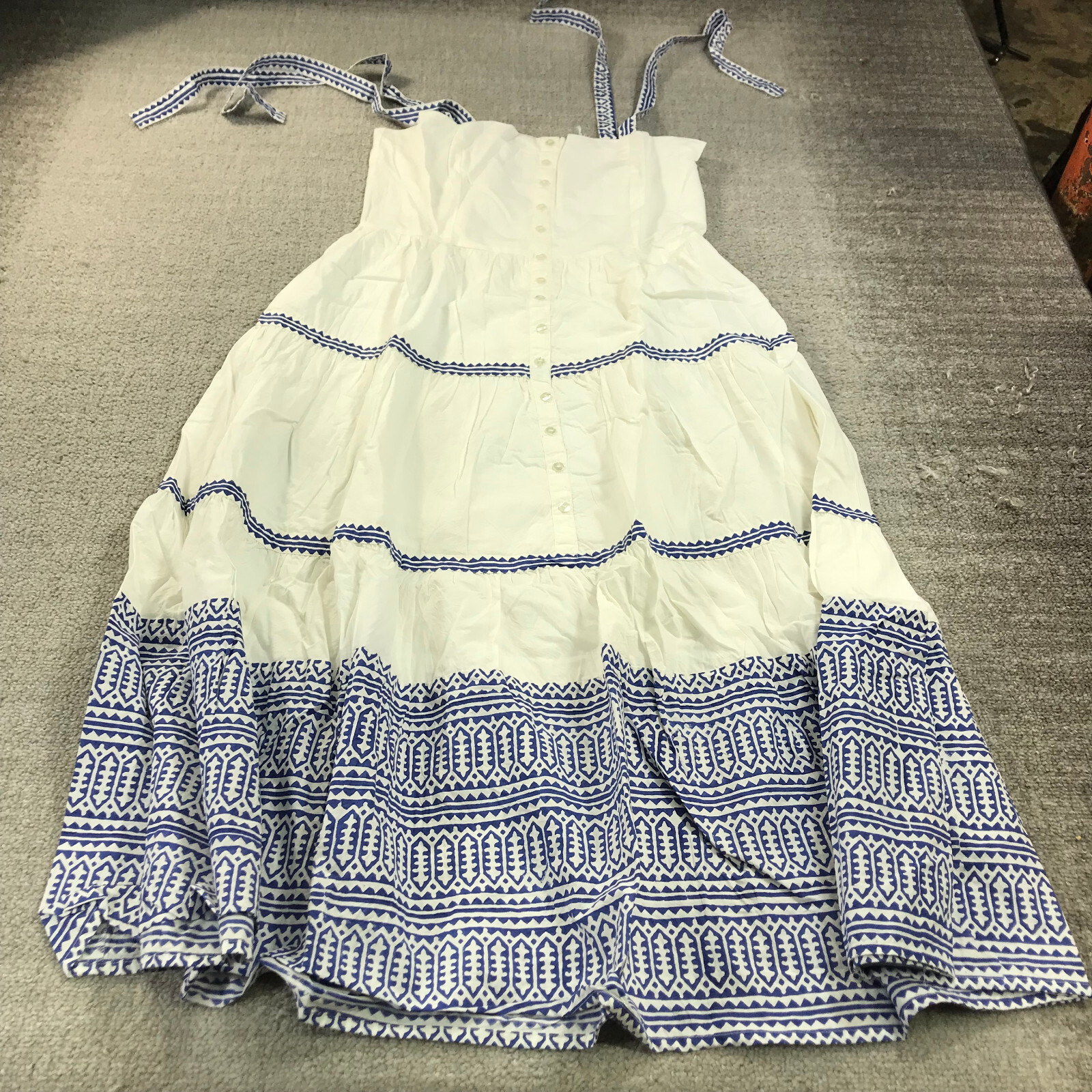 Oliphant Dress Womens Large Tie Strap Button Midi White Blue Lined Lined Shift eBay