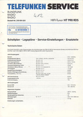 TELEFUNKEN Service Manual Anleitung Radio HIFI-Tuner HT 990 RDS B1552