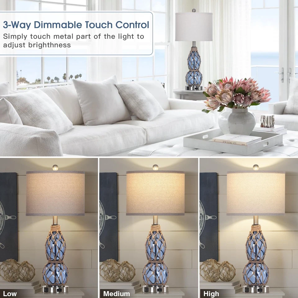 Juego de 2 lámparas de mesa de vidrio costero de 26" regulables de 3 vías con po... Foto 3 de 4