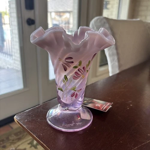 Fenton Glass Vase -Signed - 100 Year Limited Hand Painted Flowers Pink Lilac New