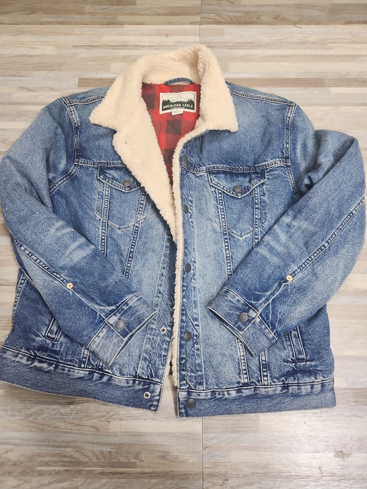 American Eagle Flannel Sherpa Lined Denim Jean Trucker Jacket Men's Large