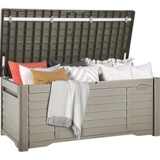  Outdoor Storage Box, Large Resin Deck Box with Louver Design, 120 Gallon Taupe