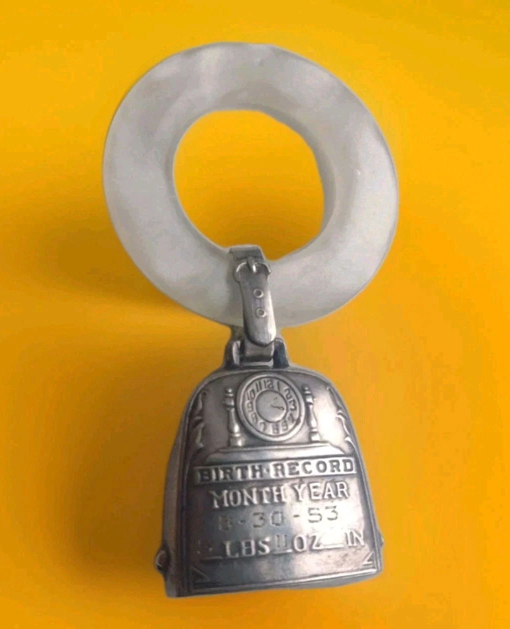 STERLING SILVER Teething Ring BABY BIRTH RECORD Bell RATTLE 1950s Vintage