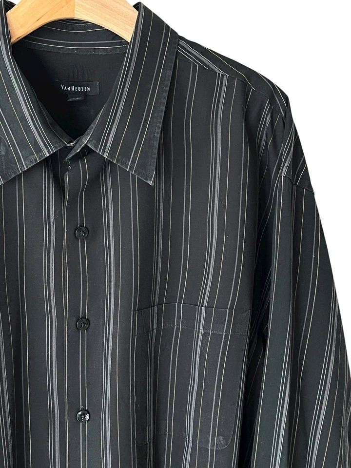 Van Heusen Button Down Shirt Mens Size 2X Black Striped Long Sleeve Collared - Image 3 of 4