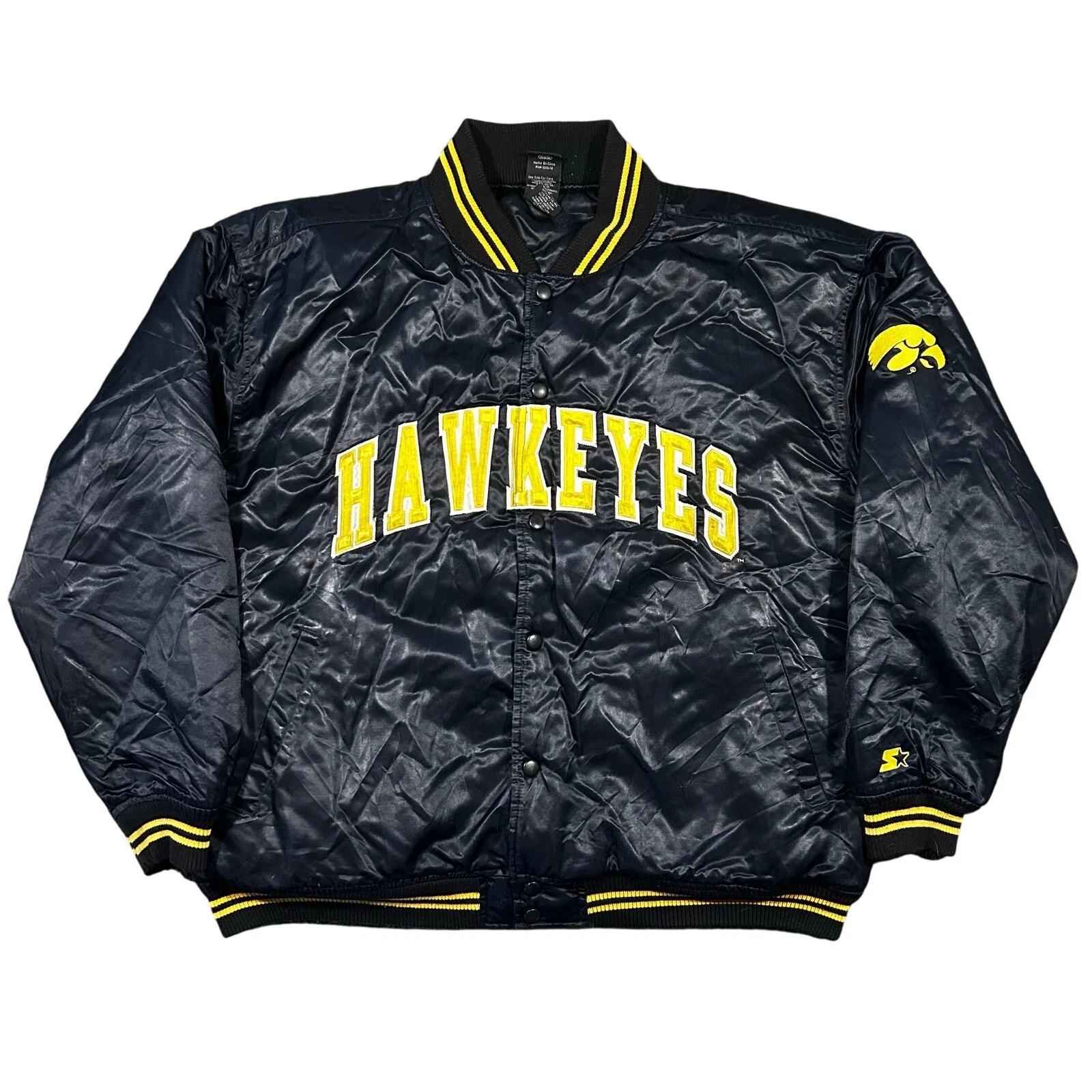 Vintage Iowa Hawkeyes Starter Jacket Men XL Black Satin Bomber Puffer Insulated