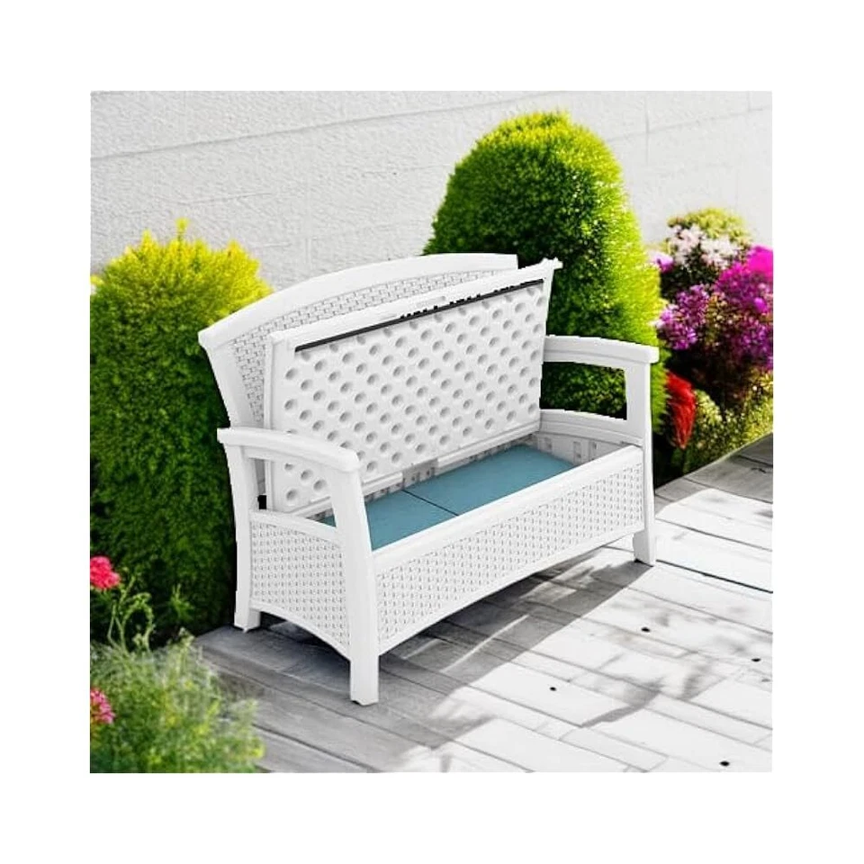 Loveseat con almacenamiento, asientos de patio al aire libre, elementos Suncast, blanco, fuerte Foto 2 de 4