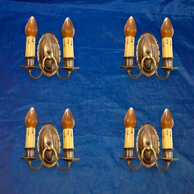 Set Of Four 4 antique Weathered Brass Two Arm wall sconces Nice 66D