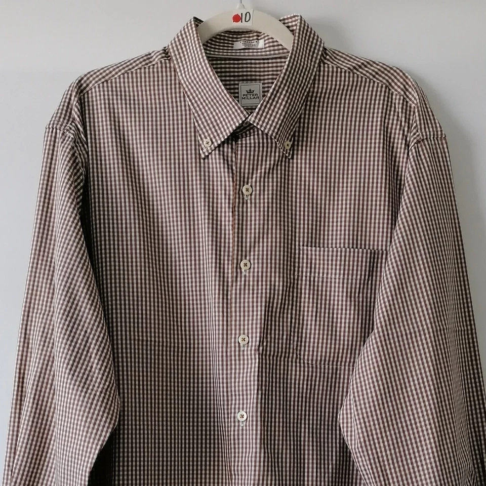 Camisa de vestir Peter Millar para hombre blanca marrón a cuadros manga larga talla XL Foto 2 de 4