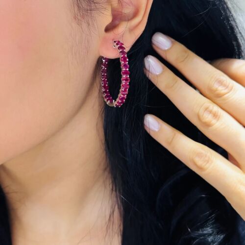 Hoop Women Earring 2.40Ct Oval Cut Lab-Created Ruby 14K White Gold Plated - Picture 2 of 5