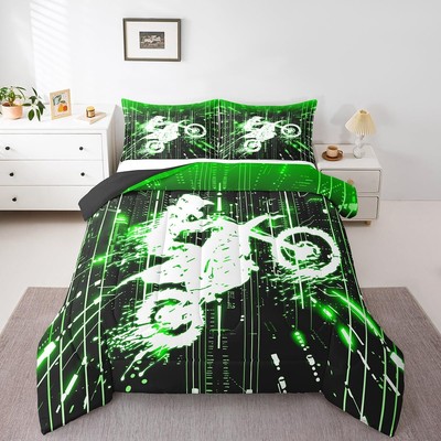 Feelyou Kids Green Dirt Bike Comforter Set Queen Size, Extreme Sports Bedding...