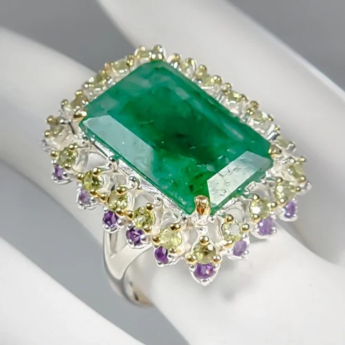 Anillo de berilo verde natural hecho a mano de 24 quilates + plata de ley 925 talla 8/R434830 Foto 3 de 4