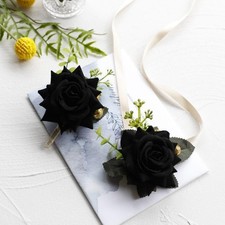 Black Rose Flower Wrist Corsage And Boutonniere Set For Wedding Prom