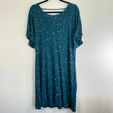 APT 9 Womens Sz L Teal Abstract Dash Print Flutter Sleeve Scoop Neck Midi Dress