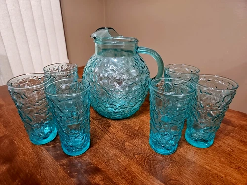 Vtg Anchor Hocking Lido Milano Turquoise Blue Glass Pitcher + 6 Glasses - NICE!