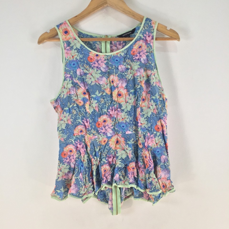 Portmans cami tank top 14 blue floral sleeveless round neck viscose 114931