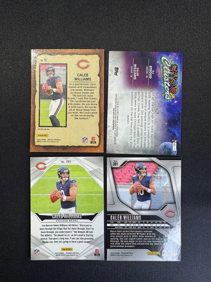 (4) 2024 Mosaic Caleb Williams RC Notoriety Silver Clusters Prizm Phoenix Rookie Foto 2 de 2