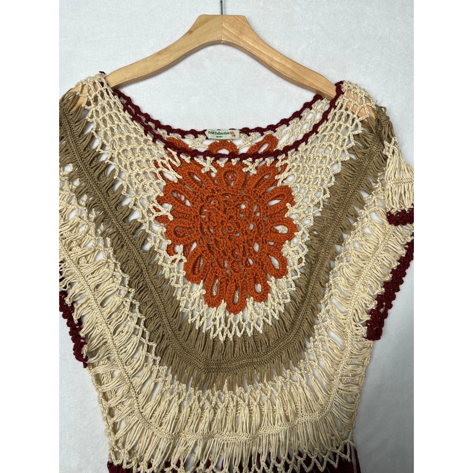 Vivid Collection of NY Crochet Knit Poncho Top Boho Fringe Cream Orange Burgundy