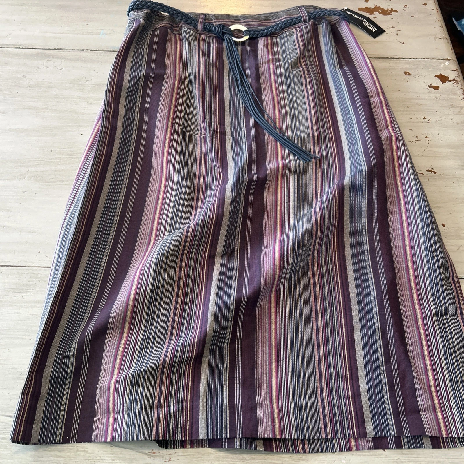 NWT Norton McNaughton Blue Stripe Linen Blend Skirt Fringe Boho Belt 16W Retro