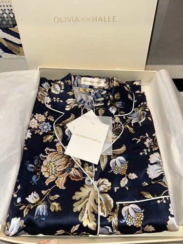 Olivia von Halle Poppy Odile Silk Nightshirt navy floral XS