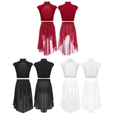 Kids Girls Dancewear Stage Crop Top With Skirt Jazz Figure Skating Rhinestones