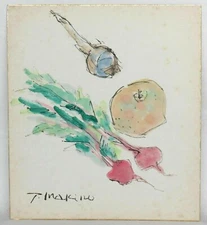 Japanese Shikishi Painting Picture Art Vegetables Hand Painted Vintage