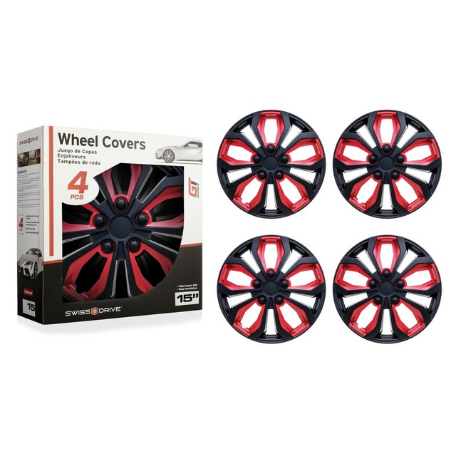 Set of 4 Hubcaps 15" SWISS DRIVE Wheel Cover“SPA” BLACK and RED ABS