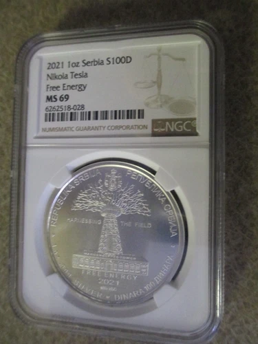 2021 Serbia 100 Dinara - Nikola Tesla Free Energy 1oz Silver - NGC MS69
