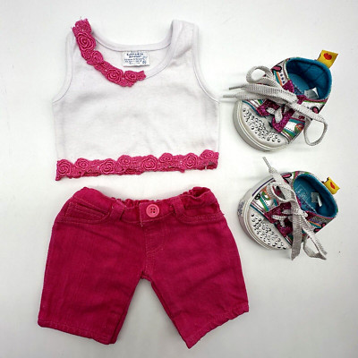 Build a Bear Rare Pink White Rose Trim Top Denim Jeans Sketchers Twinkle Toes