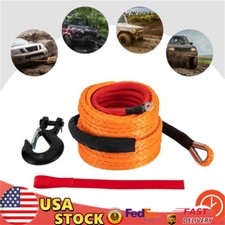3/8" x 60FT Winch Rope Synthetic Line Orange Recovery Cable 4WD ATV SUV w/ Hook