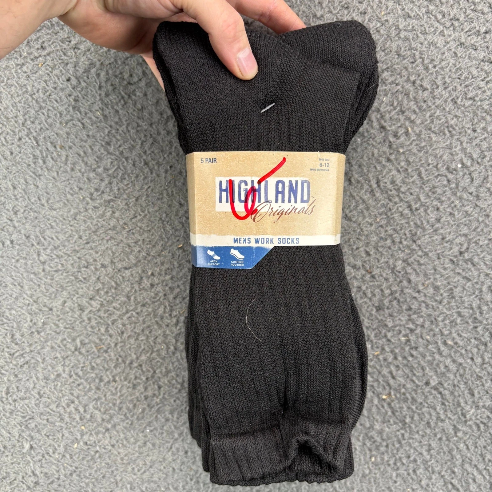 Highland Originals Mens Work Socks 5 Pair Black Shoe Size 6-12 Arch Support New